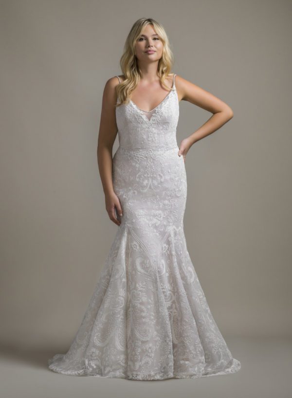 Hayley Paige Haruki 6865 Wedding Dress Sample Sale - Fit and flare dress with v-neckline, low v-back, delicate illusion net with rhinestone accent and spaghetti straps.