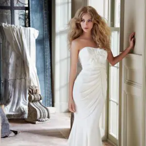 Hayley Paige Reese 6207 Wedding Dress Sample Sale - Fit and flare style dress with silk georgette flower details, strapless neckline, draped bodice and belt detail.