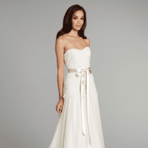 Hayley Paige Prima 6258 Wedding Dress Sample Sale - A-line dress in silk georgette lace with sweetheart neckline bodice, and ribbon bow detail.