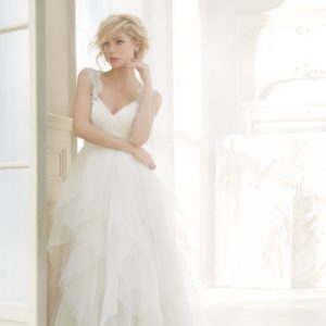 Hayley Paige Carrie 6350 Wedding Dress Sample Sale - A line dress with a gorgeous sweetheart neckline, draped bodice, keyhole back and beaded straps details.