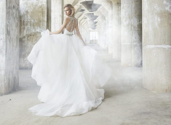 Hayley Paige Sloane 6750 Wedding Dress Sample Sale - Sheath crepe dress with sweetheart bodice, jewel-neck accent, open illusion back and a full detachable skirt.