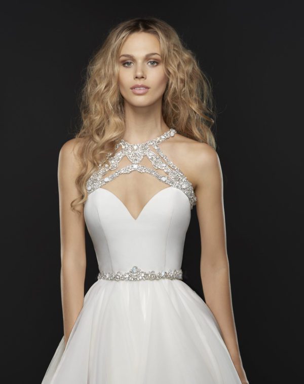 Hayley Paige Sloane 6750 Wedding Dress Sample Sale - Sheath crepe dress with sweetheart bodice, jewel-neck accent, open illusion back and a full detachable skirt.
