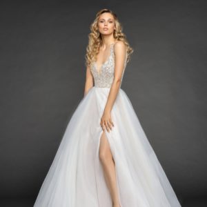 Hayley Paige Warren 6854 Wedding Dress Sample Sale - Moondust beaded organza A-line gown, rhinestone encrusted bodice with iridescent accent, deep V-neckline and keyhole back, layered organza skirt with slit.