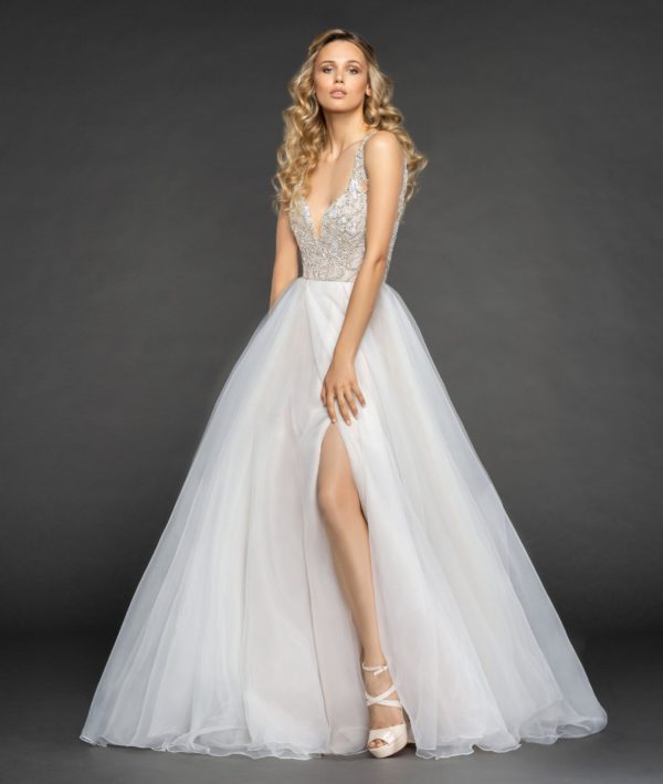 Hayley Paige Warren 6854 Wedding Dress Sample Sale - Moondust beaded organza A-line gown, rhinestone encrusted bodice with iridescent accent, deep V-neckline and keyhole back, layered organza skirt with slit.