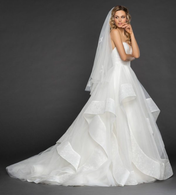 Hayley Paige Quinn 6863 Wedding Dress Sample Sale - Ivory ballgown lace and tulle dress with draped strapless sweetheart neckline, cascading skirt with lace edging.