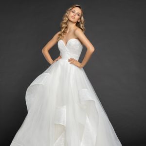 Hayley Paige Quinn 6863 Wedding Dress Sample Sale - Ivory ballgown lace and tulle dress with draped strapless sweetheart neckline, cascading skirt with lace edging.
