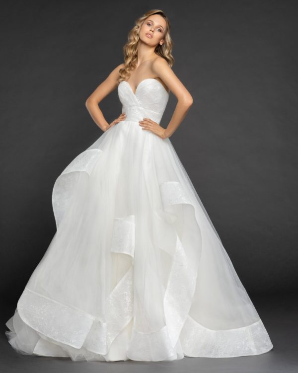 Hayley Paige Quinn 6863 Wedding Dress Sample Sale - Ivory ballgown lace and tulle dress with draped strapless sweetheart neckline, cascading skirt with lace edging.