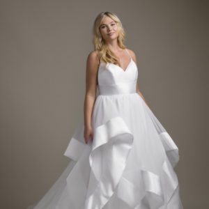Hayley Paige Andi 6820 Wedding Dress Sample Sale - Ballgown style dress with a beautiful mikado tiered skirt, v-neckline, low back and spaghetti straps.