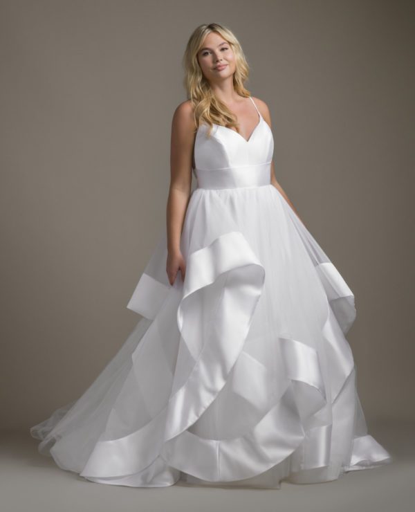 Hayley Paige Andi 6820 Wedding Dress Sample Sale - Ballgown style dress with a beautiful mikado tiered skirt, v-neckline, low back and spaghetti straps.