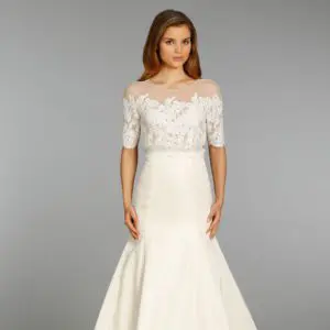 fit - and - flare - lace - bodice - three - quarter - illusion - sleeves - jim - hjelm - 8360