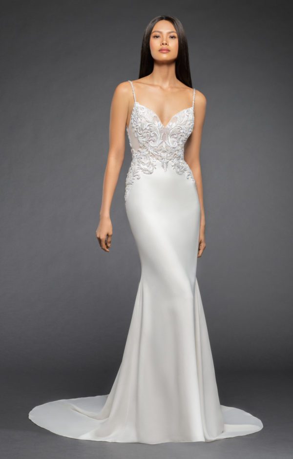 Lazaro Elena 3852 Wedding Dress - Ivory crepe fit and flare style dress with a beautiful V-neckline, open back, hand beaded embroidery and chapel train.