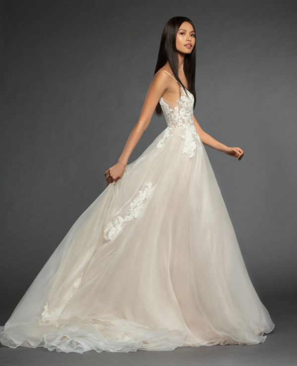 Lazaro Vanessa 3860 Wedding Dress - Silk organza A-line bridal gown, scalloped ballerina neckline with crisscross straps at open back, shear lace bodice over nude lining, circular A line organza skirt accented with lace appliqués.