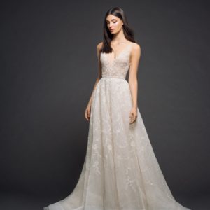 zaro 3805 Wedding Dress - Champagne/Nude floral lattice embroidered tulle bridal ball gown, V neckline front and back, A-line skirt with chapel train.