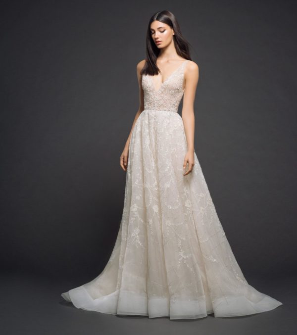 Lazaro 3805 Wedding Dress Sample Sale - Floral lattice embroidered tulle bridal ball gown, V neckline front and back, A-line skirt with chapel train.