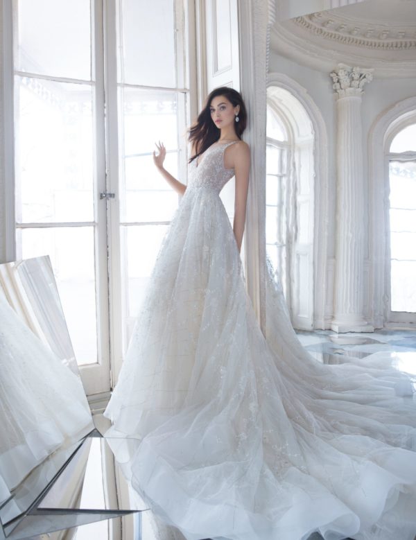 Lazaro 3805 Wedding Dress Sample Sale - Floral lattice embroidered tulle bridal ball gown, V neckline front and back, A-line skirt with chapel train.