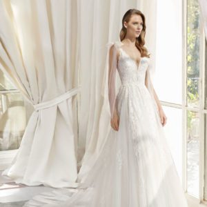 Rosa Clara Couture Marissa Wedding Dress Sample Sale - A Line dress with Deep-plunge neckline, embroidered lace bodice, bows on the shoulders and dot tulle skirt.