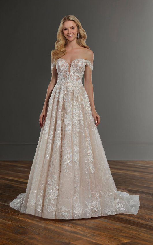 Martina Liana 1086 Wedding Dress - A line dress with structured sheer bodice with exposed boning, sweetheart neckline, and layered French lace.