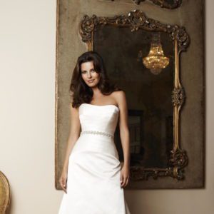 Suzanne Neville Martaize Wedding Dress Sample Sale - Strapless ballgown style dress with horizontal seams on bodice and crystal band detail around waist.