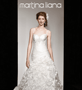 Martina Liana 296 Wedding Dress Sample Sale - Fit and flare with sweetheart neckline, dupioni silk rosettes, ruched bodice, beading and spaghetti straps. 