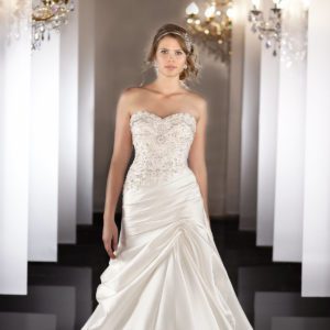 Martina Liana 467 Wedding Dress Sample Sale - A-line lace dress with sweetheart neckline, Swarovski Crystal beaded asymmetric bodice and ruched waist.