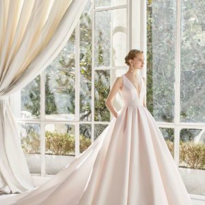 Rosa Clara Couture Matisse Wedding Dress - Rose colored ballgown with a full skirt combined with a seductive bodice and deep V-neckline.