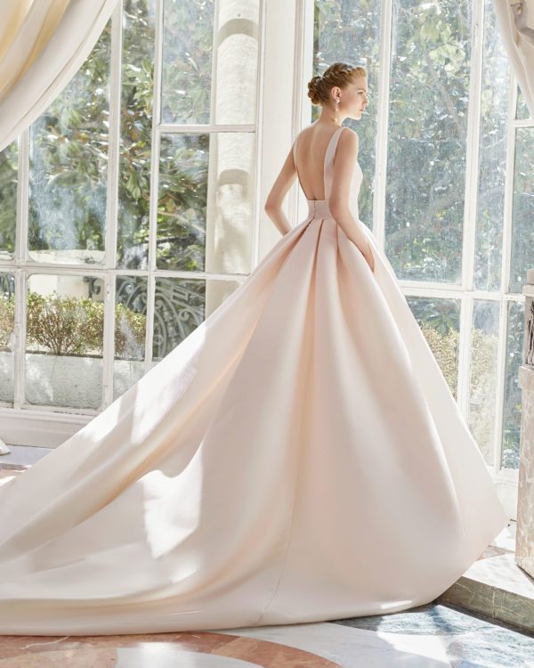 Rosa Clara Couture Matisse Wedding Dress - Rose colored ballgown with a full skirt combined with a seductive bodice and deep V-neckline.