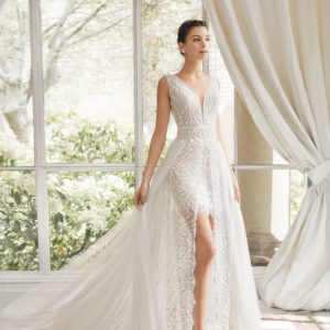Rosa Clara Couture Melanie Wedding Dress Sample Sale - Short beaded lace dress with plunging front and back necklines, dot tulle and an embroidered lace overskirt