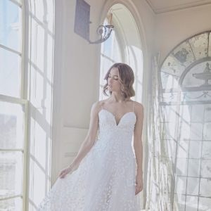 Sareh Nouri Olivie Wedding Dress - laser cut floral appliqué tulle with deep sweetheart neckline, delicate straps and sweep train.