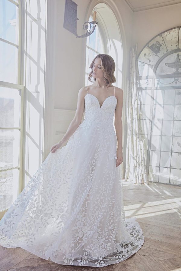 Sareh Nouri Olivie Wedding Dress - laser cut floral appliqué tulle with deep sweetheart neckline, delicate straps and sweep train.