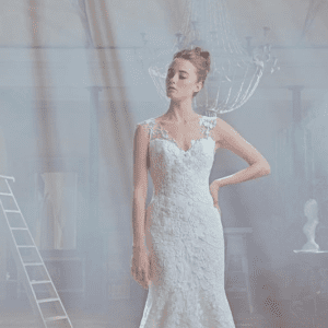 Sareh Nouri Olyssia Wedding dress - Fit and flare with illusion sweetheart neckline, fitted bodice, illusion straps, open back and train with appliqués.