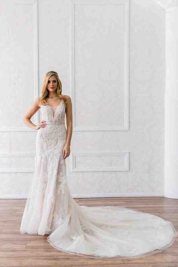 Estee Couture Nikki Wedding Dress - Fit and flare style in all-over beaded lace, v-plunging neckline, V back, crystal buttons and stunning cathedral train.