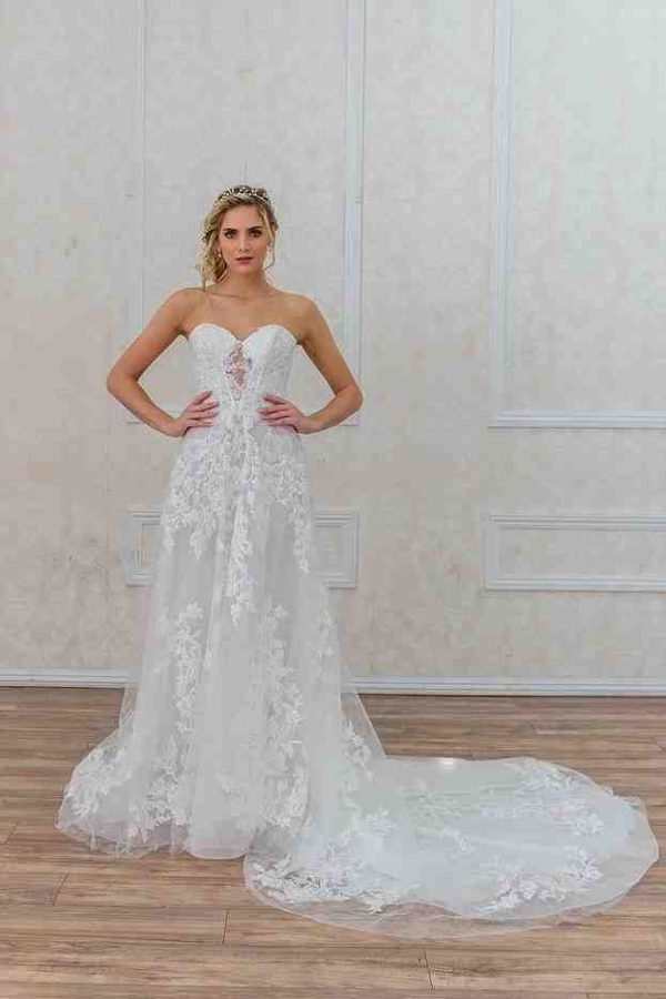 Estee Couture Perry Wedding Dress - Fit and flare floral dress with pearl bodice, sheered back, crystal buttons, sweetheart neckline and cathedral train.