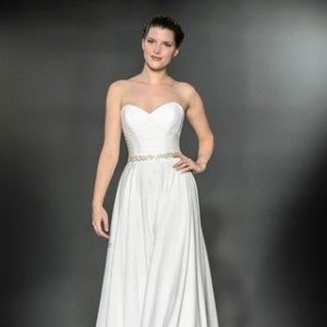 Suzanne Neville Palazzo Wedding Dress Sample Sale - Full circular crepe dress with georgette skirt, sweetheart neckline and jeweled waistline.