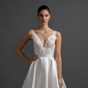 Lazaro Rafaela 3905 Wedding Dress - Ballgown style dress in silk mikado with V-neckline in front and back, lace fitted bodice and stunning chapel train.