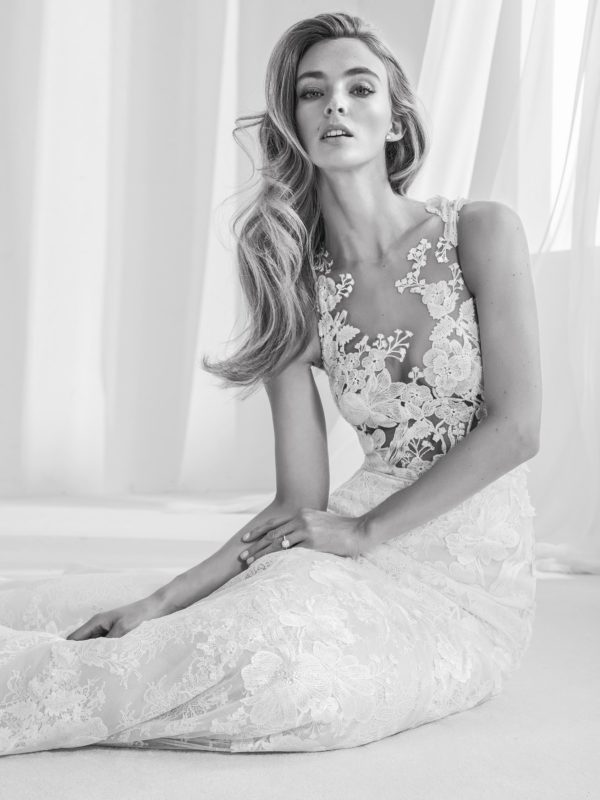 Pronovias Atelier Randa Wedding Dress - Mermaid design dress with large Chantilly train, transparent bodice, floral appliqués and gemstone embroidery.