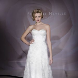 Suzanne Neville Country Garden Wedding Dress Sample Sale - A line sweetheart neckline dress with satin overlaid and floral country garden patterned lace.