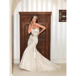 Suzanne Neville Hepburn Wedding Dress Sample Sale - Trumpet sweetheart neckline dress with all over corded lace and ribbon sash at waist.