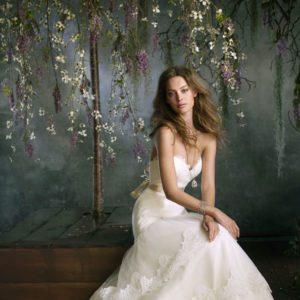 Tara Keely 2052 Wedding Dress – Ivory tulle, fit and flare, Alencon lace appliques, strapless sweetheart bodice and chapel train.
