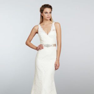 Tara Keely 2306 Wedding Dress – Ivory Alencon lace trumpet gown, V-neckline, Chapel train.