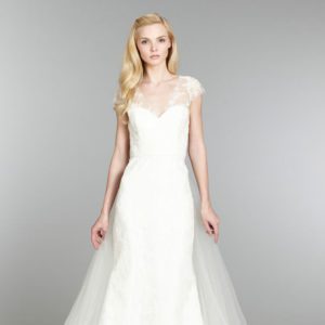 Tara Keely 2359 Wedding Dress – Ivory Alencon lace, trumpet gown, scalloped illusion V-neckline, cap sleeves
