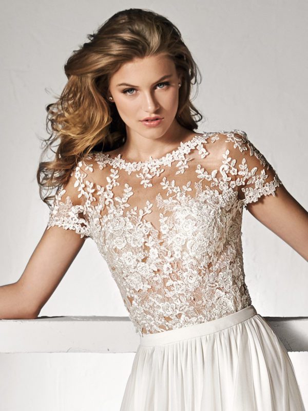 Pronovias Xanina Skirt Wedding Dress Sample Sale - A Line Chiffon and organza are paired in this spectacular flared skirt with a fitted waist.