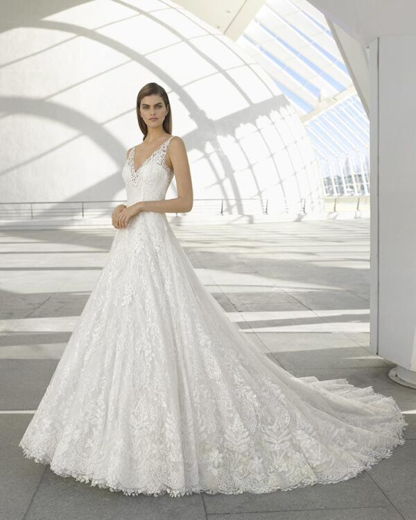 Rosa Clara Collection Demet Wedding Dress Sample Sale - A-line skirt with textured appliqués, low front and back necklines and details on the shoulder straps.