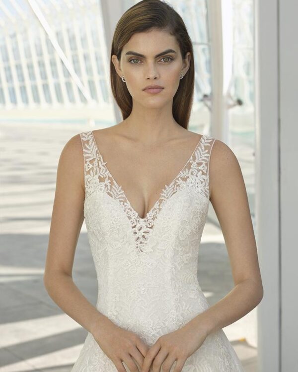 Rosa Clara Collection Demet Wedding Dress Sample Sale - A-line skirt with textured appliqués, low front and back necklines and details on the shoulder straps.