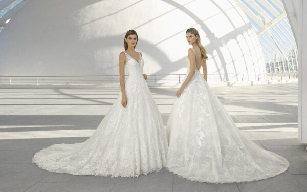 Rosa Clara Collection Demet Wedding Dress Sample Sale - A-line skirt with textured appliqués, low front and back necklines and details on the shoulder straps.
