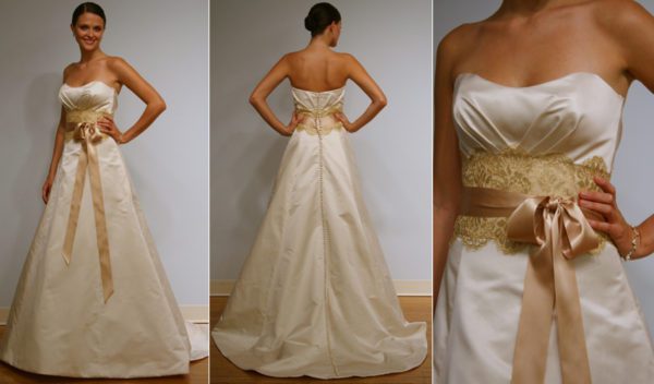 Alvina Valenta 9801 Wedding Dress Sample Sale - Strapless ballgown style dress with a unique yellow sash and a stunning sweetheart neckline with draped bodice.