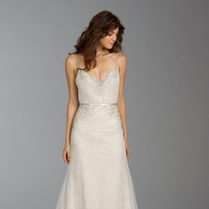 Alvina Valenta 9409 Wedding Dress Sample Sale - A Line dress with V - Neckline English net and Chantilly lace over Champagne charmeuse slim and blouson bodice.