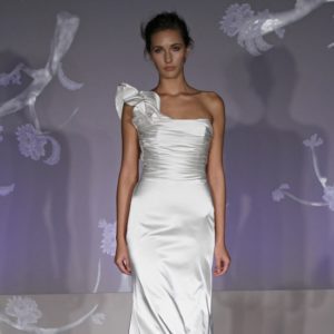 Alvina Valenta 9109 Wedding Dress Sample Sale - Oyster silk faced satin modified A-line with draped bodice, soft neckline and detachable one shoulder ruffle detail.