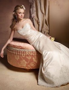 Alvina Valenta 9815 Wedding Dress Sample Sale - Silk duchess satin A-line dress with draped waist, soft strapless neckline and hand-beaded ivory lace at waist and hem.