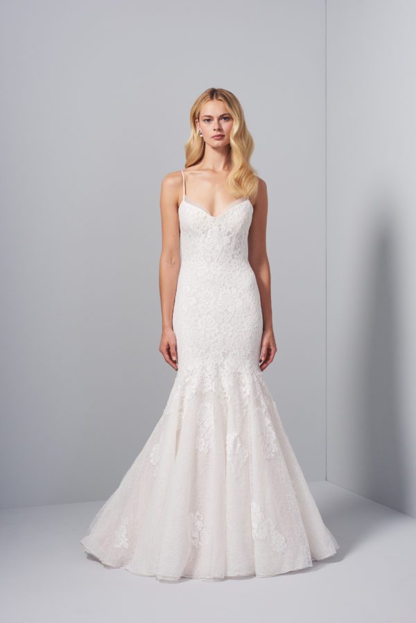 Allison Webb Bretton Wedding Dress - Fit and flare gown with Ivory French lace laid over Cashmere lining, spaghetti straps, and a low back.