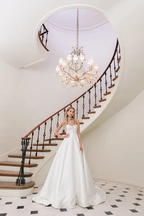 Estee Couture Bebe Wedding Dress - Timeless Luxe Mikado strapless, ball gown style dress with bow details, and elegant train.